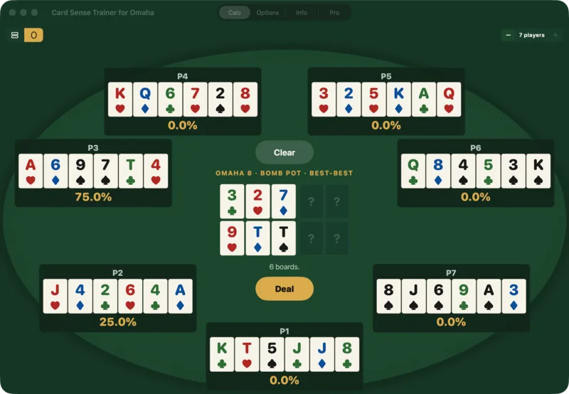 A Six Card Best-Best Bomb Pot Where Five of Seven Hands Have Zero Equity on the Flops.