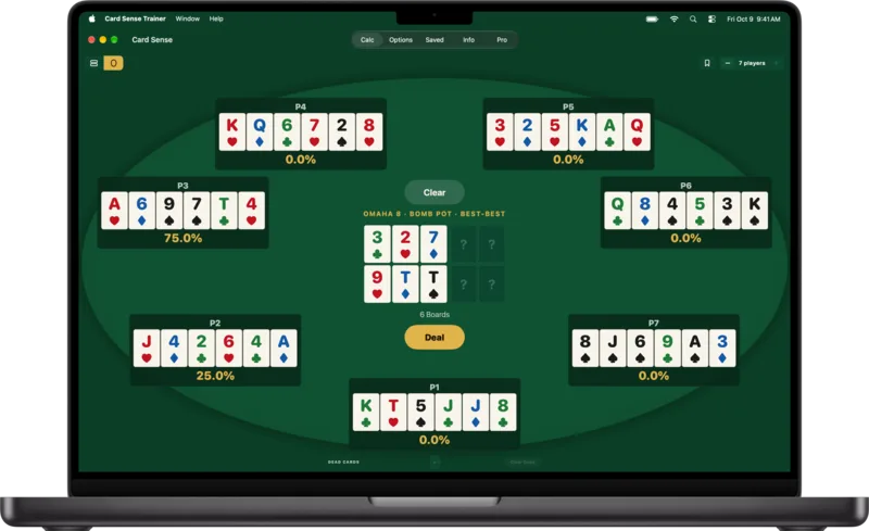 A Six Card Best-Best Bomb Pot Where Five of Seven Hands Have Zero Equity on the Flops.