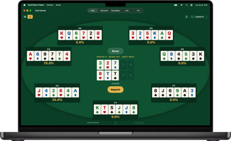 Un bomb pot Best-Best de seis cartas en el que cinco de las siete manos tienen equity cero en los flops.