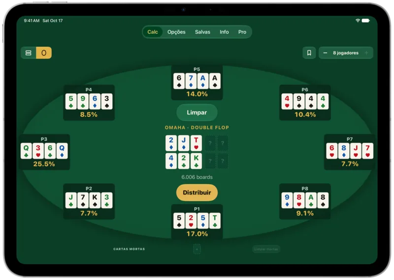 Uma mão de Omaha com double flop no modo mesa do iPad, na horizontal.